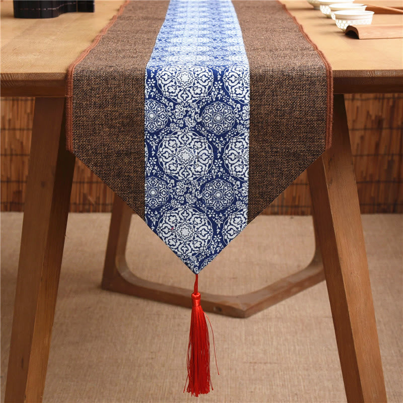 Nimara Ritual Classic Chinese Style Lotus Koi Fish Flower Crane Calligraphy Enlightenment Cotton Linen Tassels Table Runner