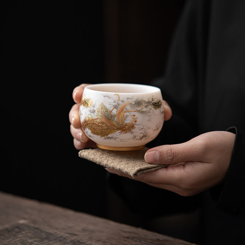 Nimara Ritual Phoenix Dragon Lotus Deer Ancient Building Koi Fish Ceramic Teacup Kung Fu Tea Cups