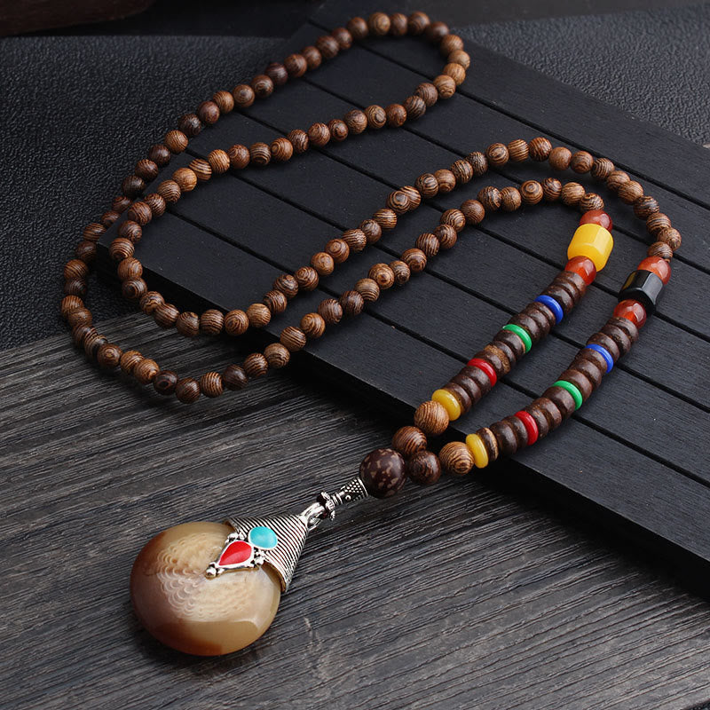 Nimara Ritual Tibetan Wenge Wood Bodhi Seed Agate Balance Peace Necklace Pendant