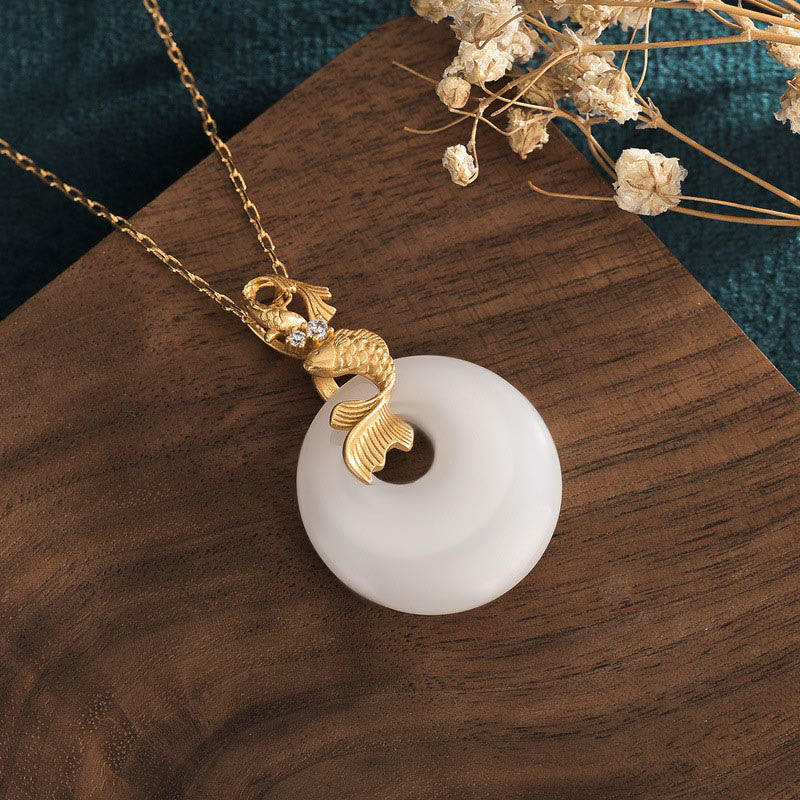 Nimara Ritual White Jade Koi Fish Wealth Prosperity Necklace Pendant