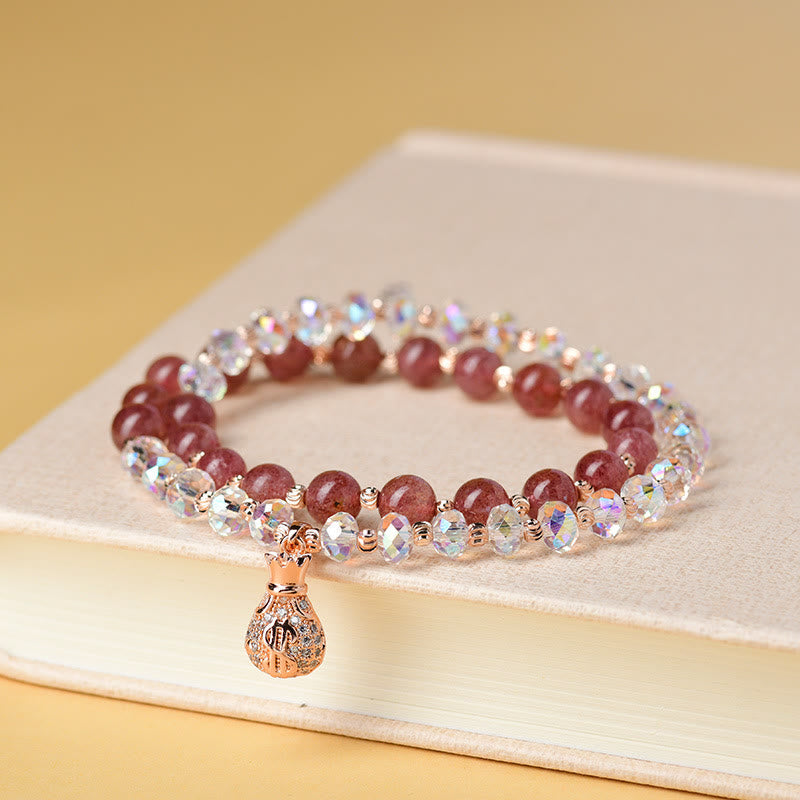 Nimara Ritual Strawberry Quartz White Crystal Money Bag Charm Positive Bracelet