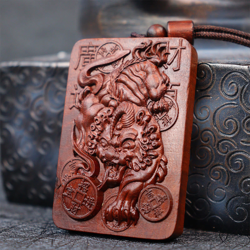 Nimara Ritual Natural Lightning Struck Jujube Wood PiXiu Copper Coin Good Fortune Necklace Pendant