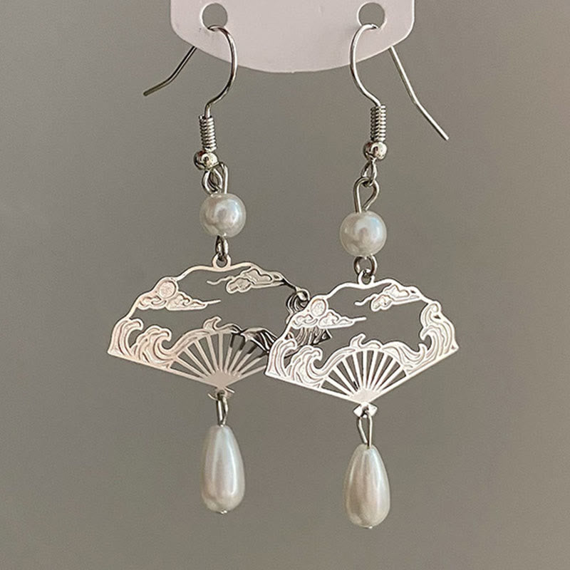 Nimara Ritual Copper Fan Auspicious Clouds Pearl Healing Drop Earrings
