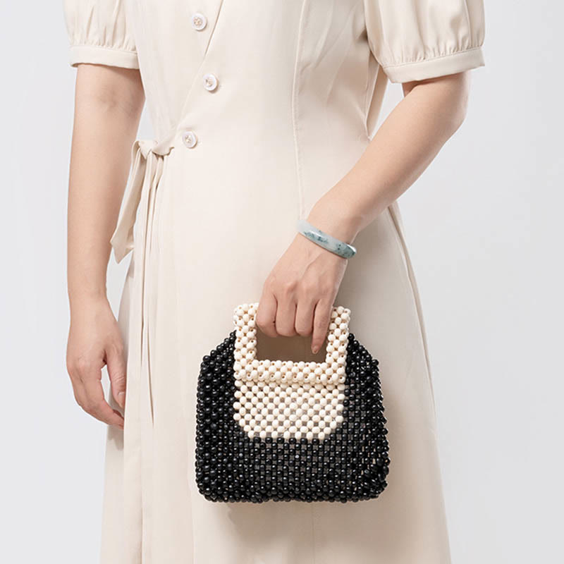 Nimara Ritual Hand-woven Wooden Beads Square Tote Handbag