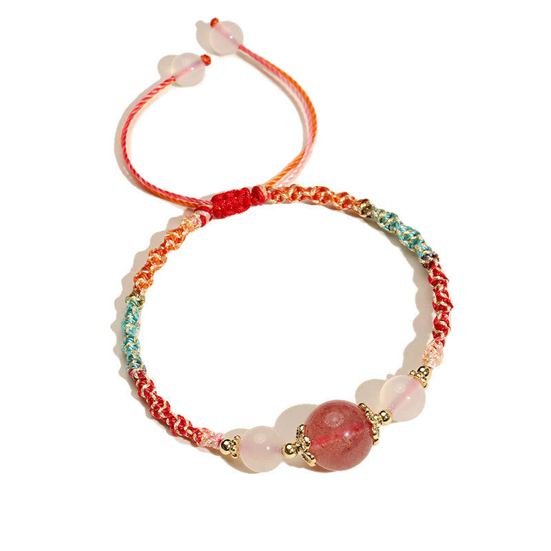 Nimara Ritual Strawberry Quartz Pink Crystal Prehnite White Agate Bead Healing Rope Bracelet