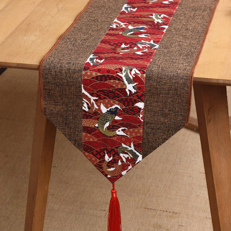 Nimara Ritual Classic Chinese Style Lotus Koi Fish Flower Crane Calligraphy Enlightenment Cotton Linen Tassels Table Runner