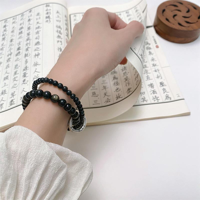 Nimara Ritual 999 Sterling Silver Black Obsidian Fulfillment Strength Double Layer Bracelet