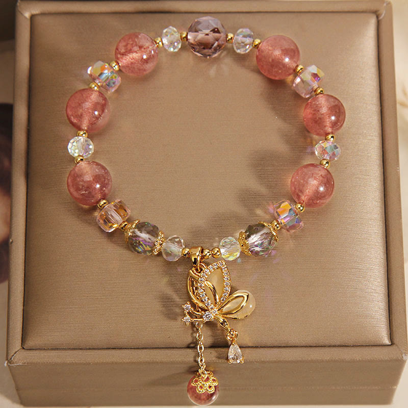 Nimara Ritual Natural Strawberry Quartz Healing Positive Butterfly Charm Bracelet
