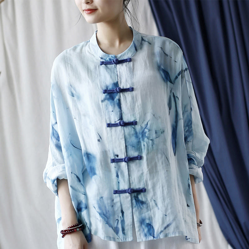 Nimara Ritual Tie Dye Blue Flowers Frog-Button Design Long Sleeve Ramie Linen Jacket Shirt
