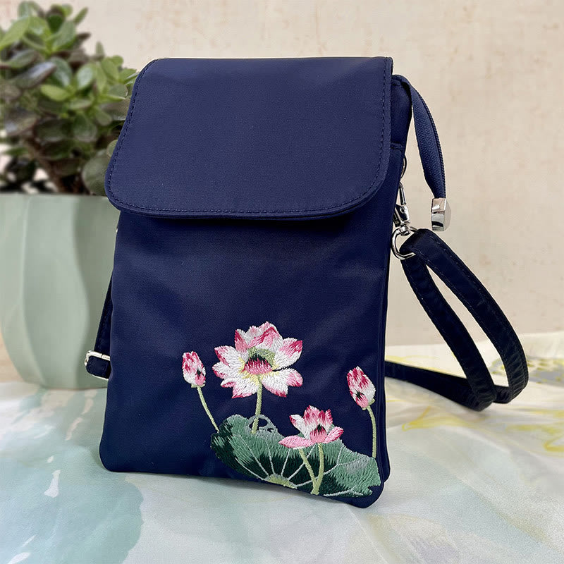 Nimara Ritual Waterproof Handmade Embroidered Lotus Flowers Crossbody Bag Shoulder Bag Cellphone Bag