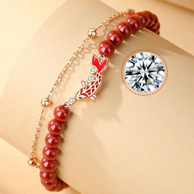 Nimara Ritual 925 Sterling Silver Lucky Koi Fish Cinnabar Zircon Prosperity Double Layer Chain Bracelet
