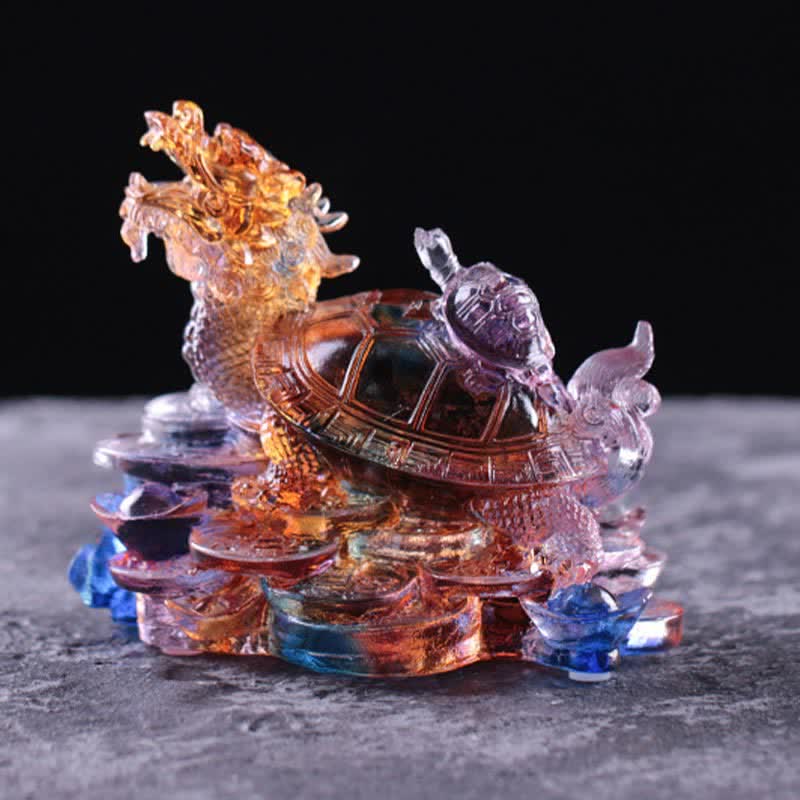 Nimara Ritual Feng Shui Dragon Turtle Coins Handmade Liuli Crystal Luck Art Piece Home Office Decoration