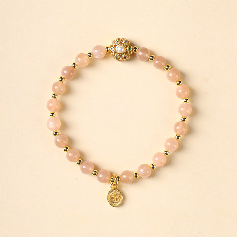 Nimara Ritual 14K Gold Plated Natural Strawberry Quartz Labradorite Sun Stone Fu Character Positive Charm Bracelet
