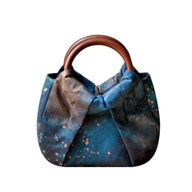 Nimara Ritual Handmade Jacquard Flower Blue Wooden Handle Handbag