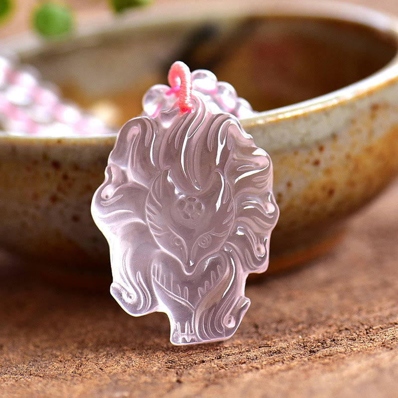 Nimara Ritual Natural Pink Crystal Nine Tailed Fox Love Necklace Pendant