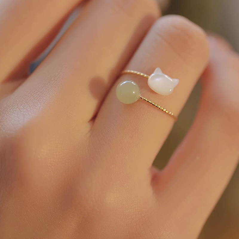 Nimara Ritual Tridacna Stone Cat Head Jade Bead Blessing Ring