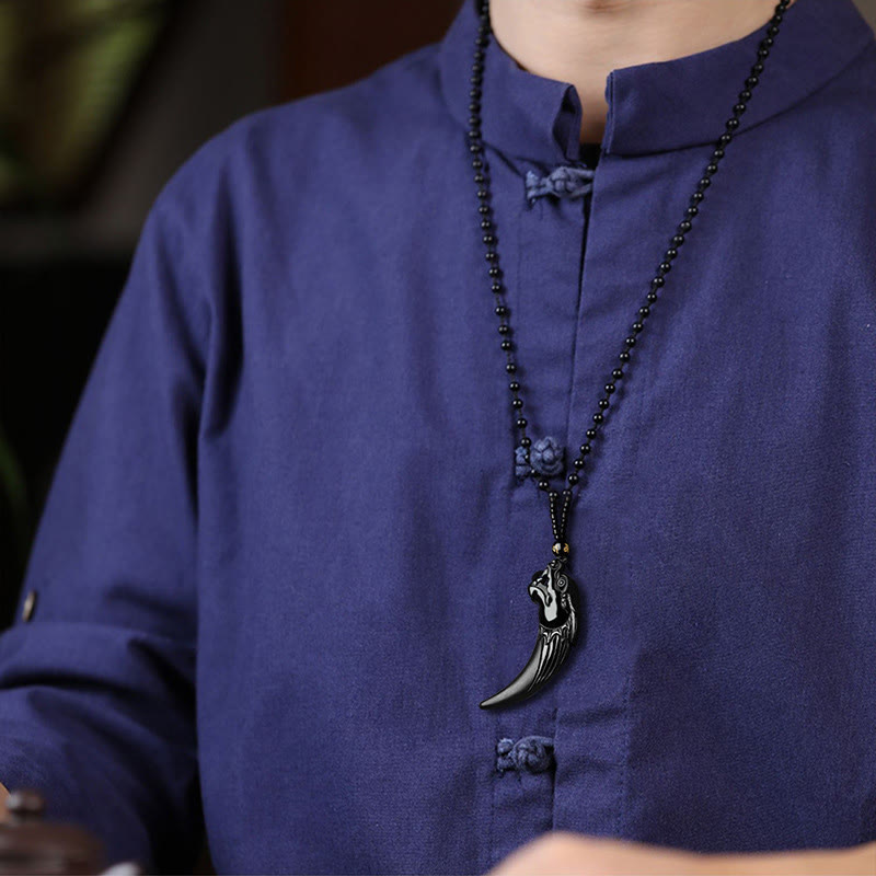 Nimara Ritual Natural Black Jade Chinese Zodiac Dragon Tooth Pattern Protection Necklace Pendant