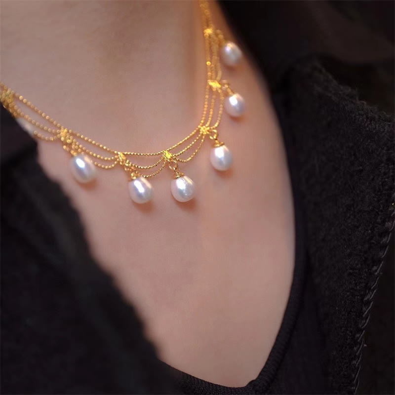 Nimara Ritual Vintage 14K Gold Plated Pearl Bead Healing Multilayer Necklace Pendant