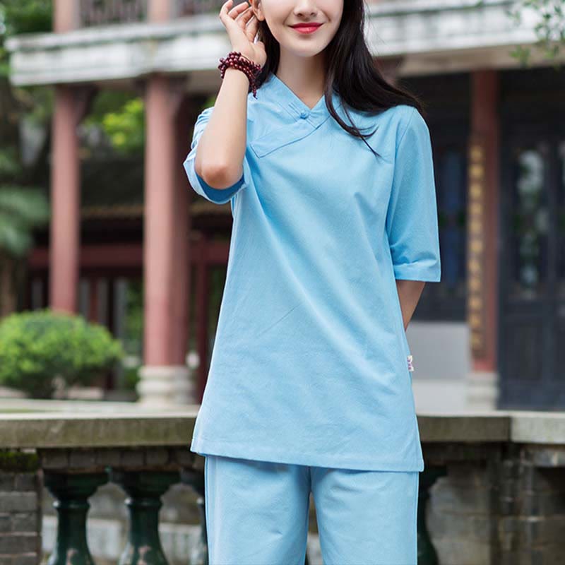 Nimara Ritual 2Pcs Half Sleeve V-Neck Shirt Top Pants Meditation Zen Tai Chi Linen Clothing Women's Set