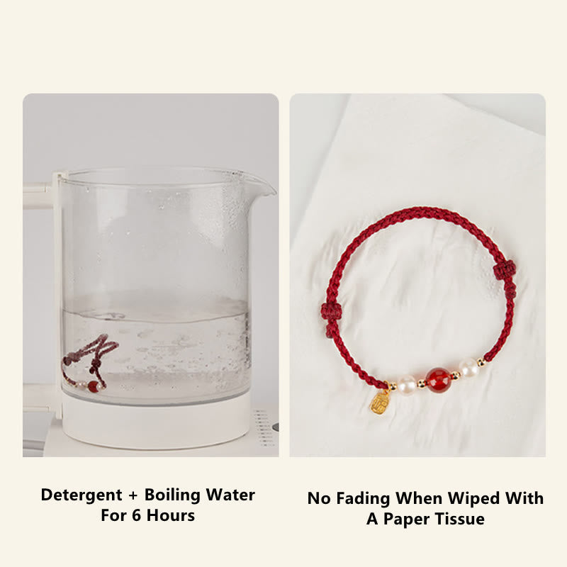 Nimara Ritual 925 Sterling Silver Good Fortune Fu Character Agate Pearl Red String Braid Bracelet