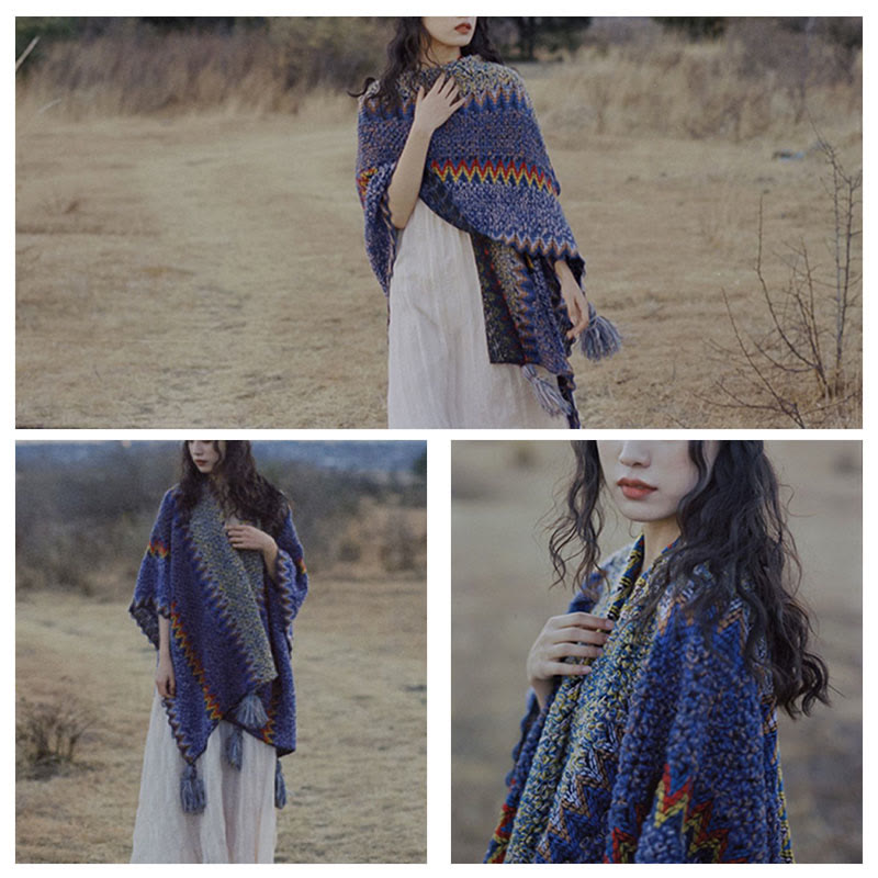Nimara Ritual Tibetan Shawl Soft Warm Knitting Cloak Winter Tibetan Tassel Scarf