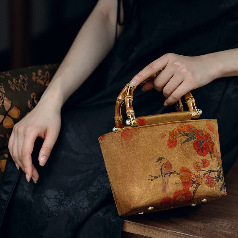 Nimara Ritual Yellow Bird Branches Green Peony Flower Bamboo Handles Handbag