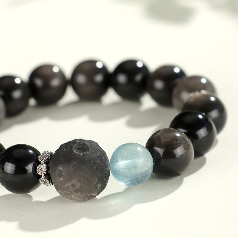 Nimara Ritual Natural Silver Sheen Obsidian Cat Head Fox Planet Protection Bracelet