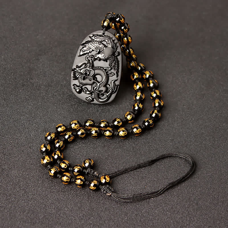 Nimara Ritual Black Obsidian Tiger Eye Dragon Phoenix Protection Beaded Necklace Pendant