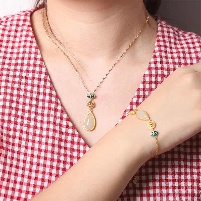 Nimara Ritual 925 Sterling Silver Hetian White Jade Water Drop Chain Necklace Pendant Bracelet
