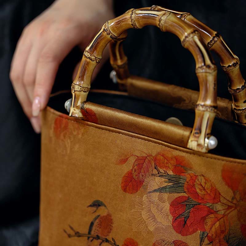 Nimara Ritual Yellow Bird Branches Green Peony Flower Bamboo Handles Handbag