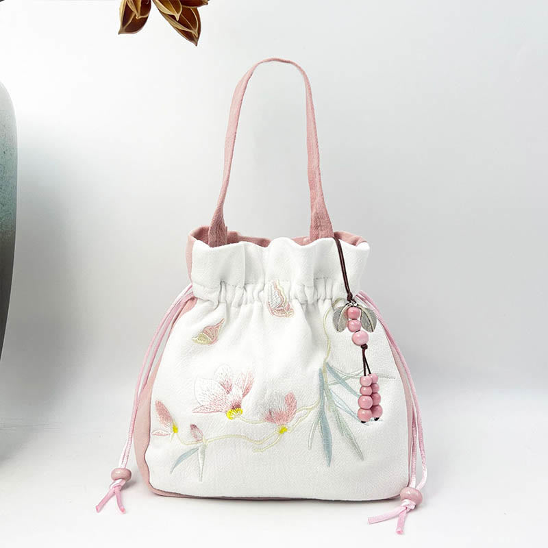 Nimara Ritual Embroidered Butterfly Lotus Magnolia Cotton Linen Tote Crossbody Bag Shoulder Bag Handbag