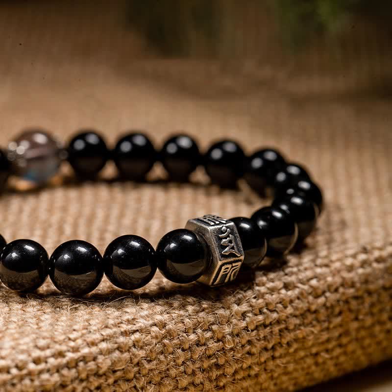 Nimara Ritual Chinese Zodiac Natal Buddha 925 Sterling Silver Black Obsidian Moonstone Strength Bracelet