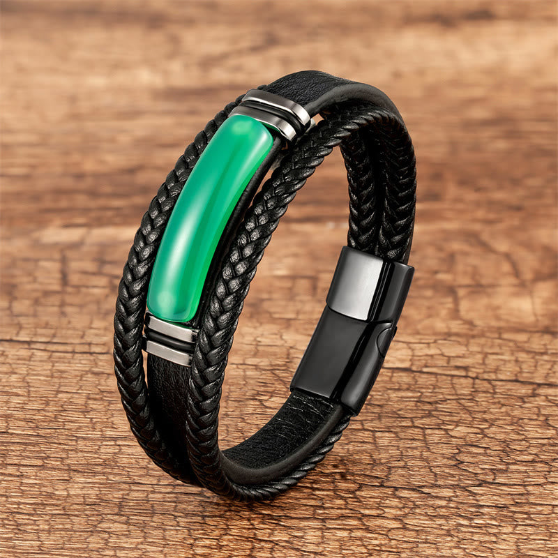 Nimara Ritual Natural Stone Green Agate Power Multilayered Braided Leather Bracelet