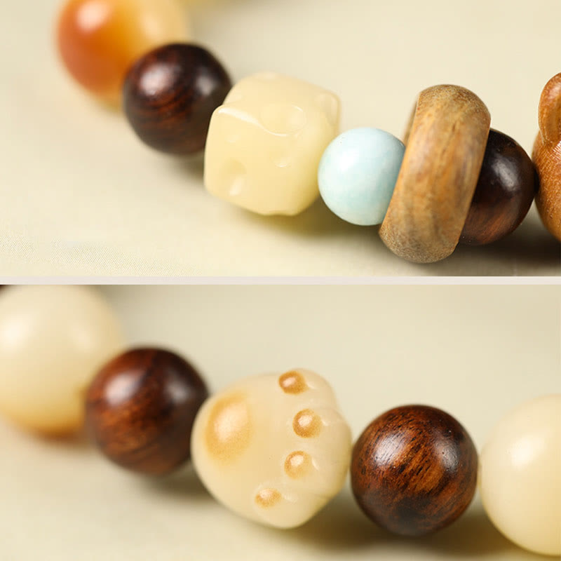 Nimara Ritual Natural Bodhi Seed Sandalwood Lucky Cute Cat Head Paw Claw Peace Bracelet