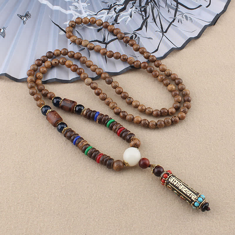 Nimara Ritual Tibetan Om Mani Padme Hum Dzi Bead Wenge Wood Necklace Pendant