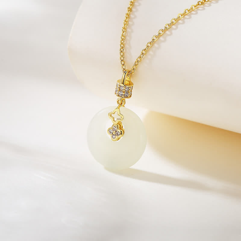 Nimara Ritual 925 Sterling Silver Hetian White Jade Coin Flower Peace Buckle Luck Necklace Pendant