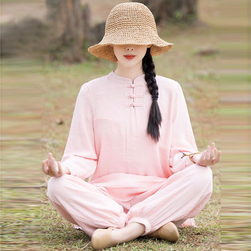 Nimara Ritual 2Pcs Plain Design Top Pants Meditation Yoga Zen Tai Chi Cotton Linen Clothing Women's Set
