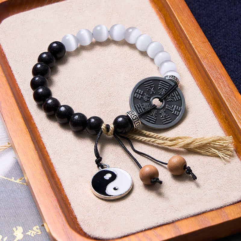 Nimara Ritual Cat's Eye Ebony Wood Yin Yang Bagua Coin Support Rope Bracelet