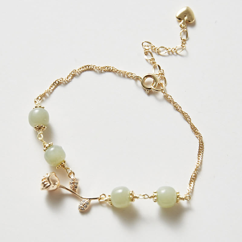 Nimara Ritual 14K Gold Plated Hetian Jade Golden Rose Flower Luck Chain Bracelet