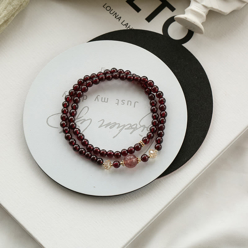 Nimara Ritual 14K Gold Plated Natural Garnet Strawberry Quartz Stability Double Wrap Bracelet