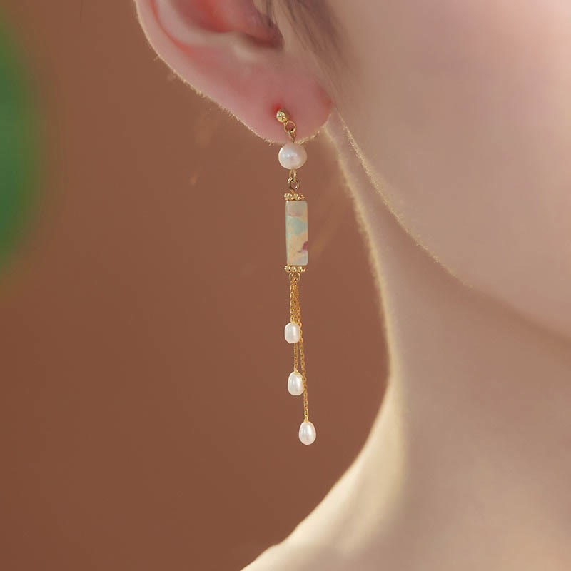 Nimara Ritual 925 Sterling Silver Posts Shoushan Stone Pearl Healing Drop Earrings
