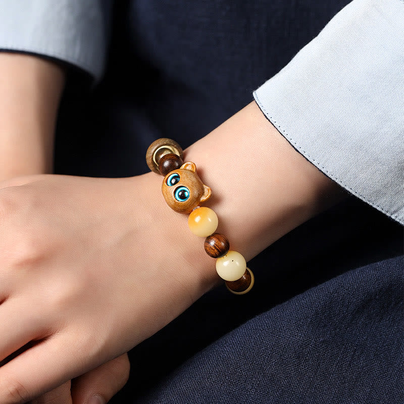 Nimara Ritual Natural Bodhi Seed Sandalwood Lucky Cute Cat Head Paw Claw Peace Bracelet