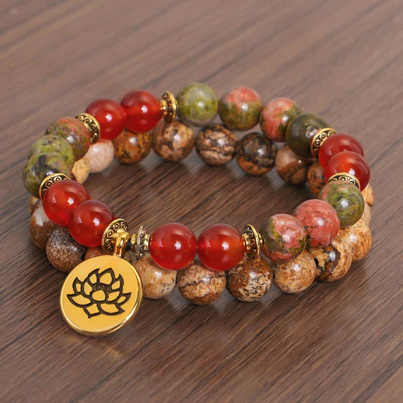 Nimara Ritual Tibetan Picture Jasper Positive Lotus Bracelet Set