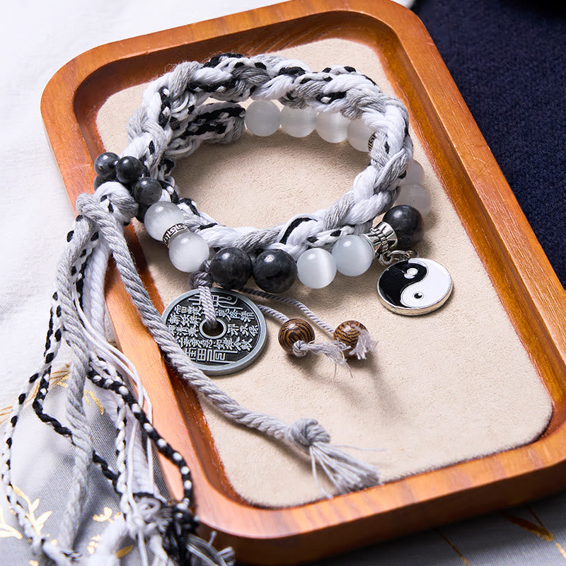 Nimara Ritual Black Glitter Stone Cat's Eye Yin Yang Mountain Ghosts Spend Money Power Double Layer Rope Bracelet