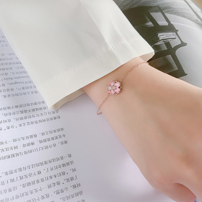 Nimara Ritual 925 Sterling Silver Cherry Blossom Blessing Chain Bracelet Rotatable Ring