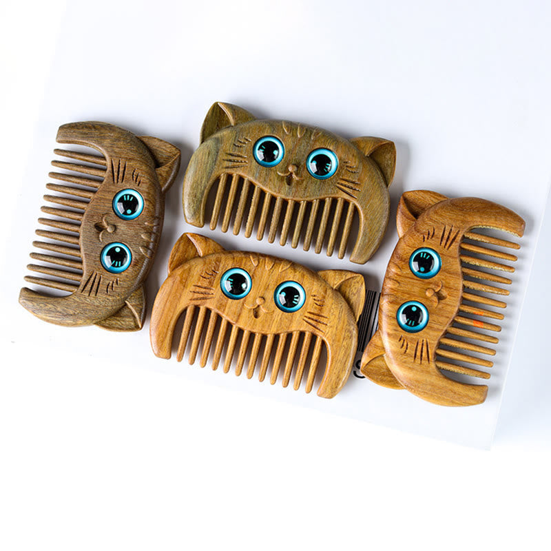 Nimara Ritual Simple Cat Pattern Green Sandalwood Cure Portable Comb