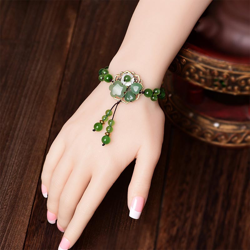 Nimara Ritual Natural Green Jade Luck Dangling Flower Bracelet