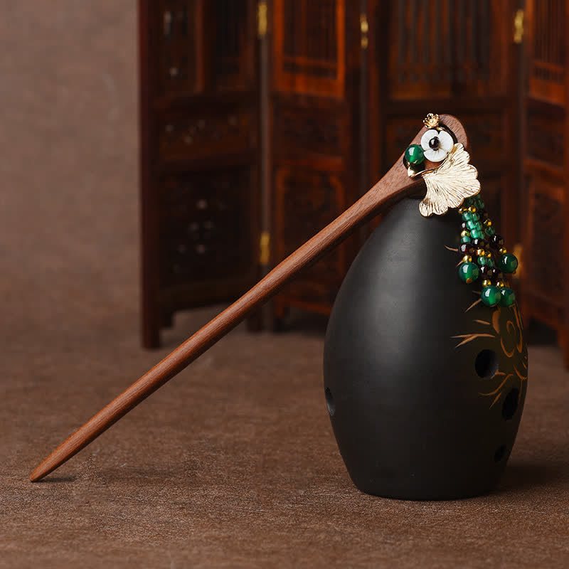 Nimara Ritual Red Sandalwood Green Agate Ginkgo Leaf Protection Hairpin