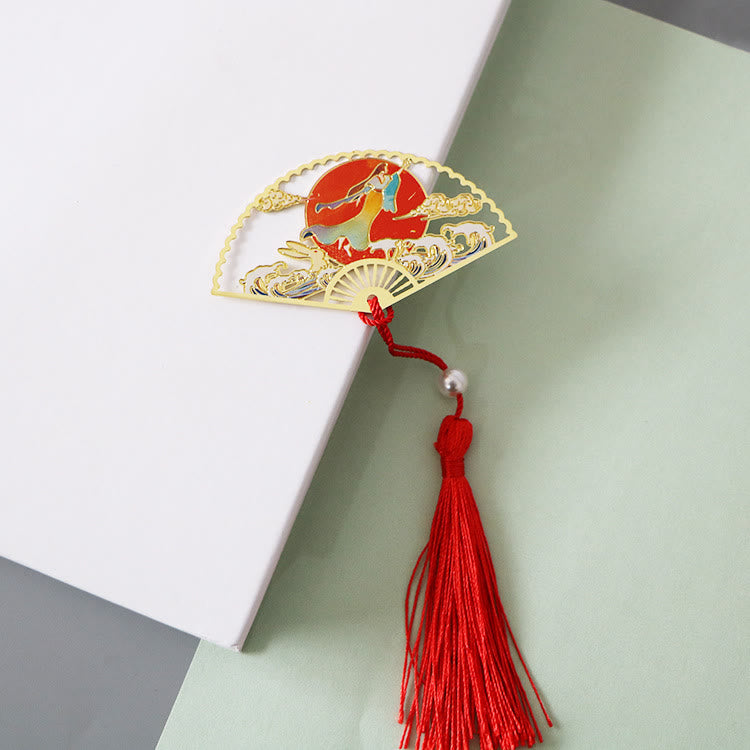 Nimara Ritual Traditional Butterfly Lotus Flower Crane Dragon Phoenix Fox Koi Fish New Beginning Metal Brass Hollow Fan Bookmarks