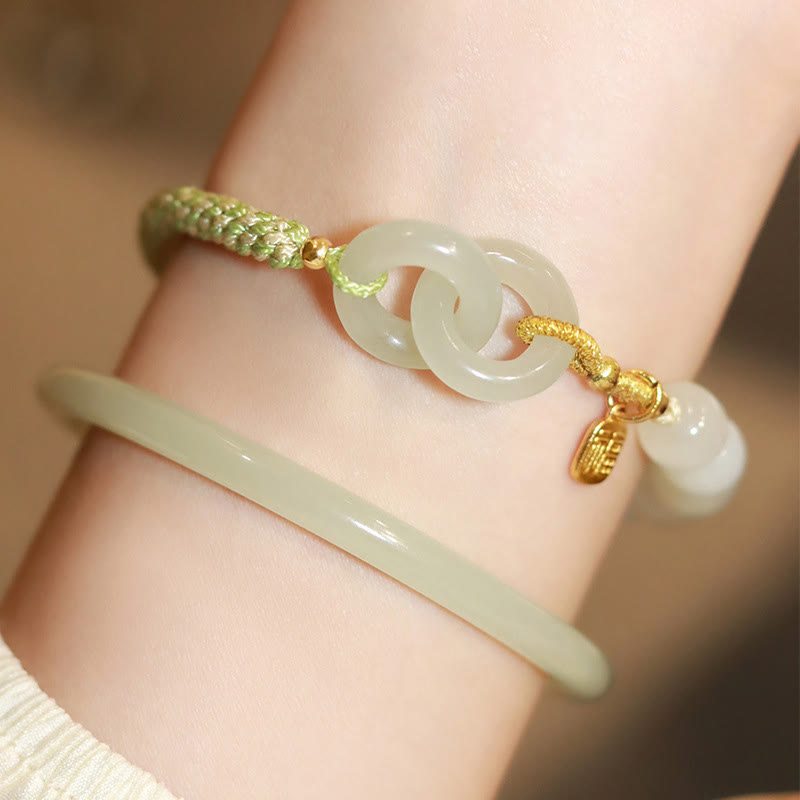 Nimara Ritual Natural Hetian Jade Bead Double Peace Buckle Fu Character Abundance Braided Bracelet